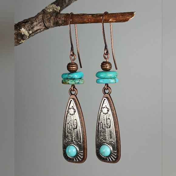 HAND CRAFTED Southwest Cactus Turquoise Silver Copper Mixed Metal Earrings - Picture 4 of 6